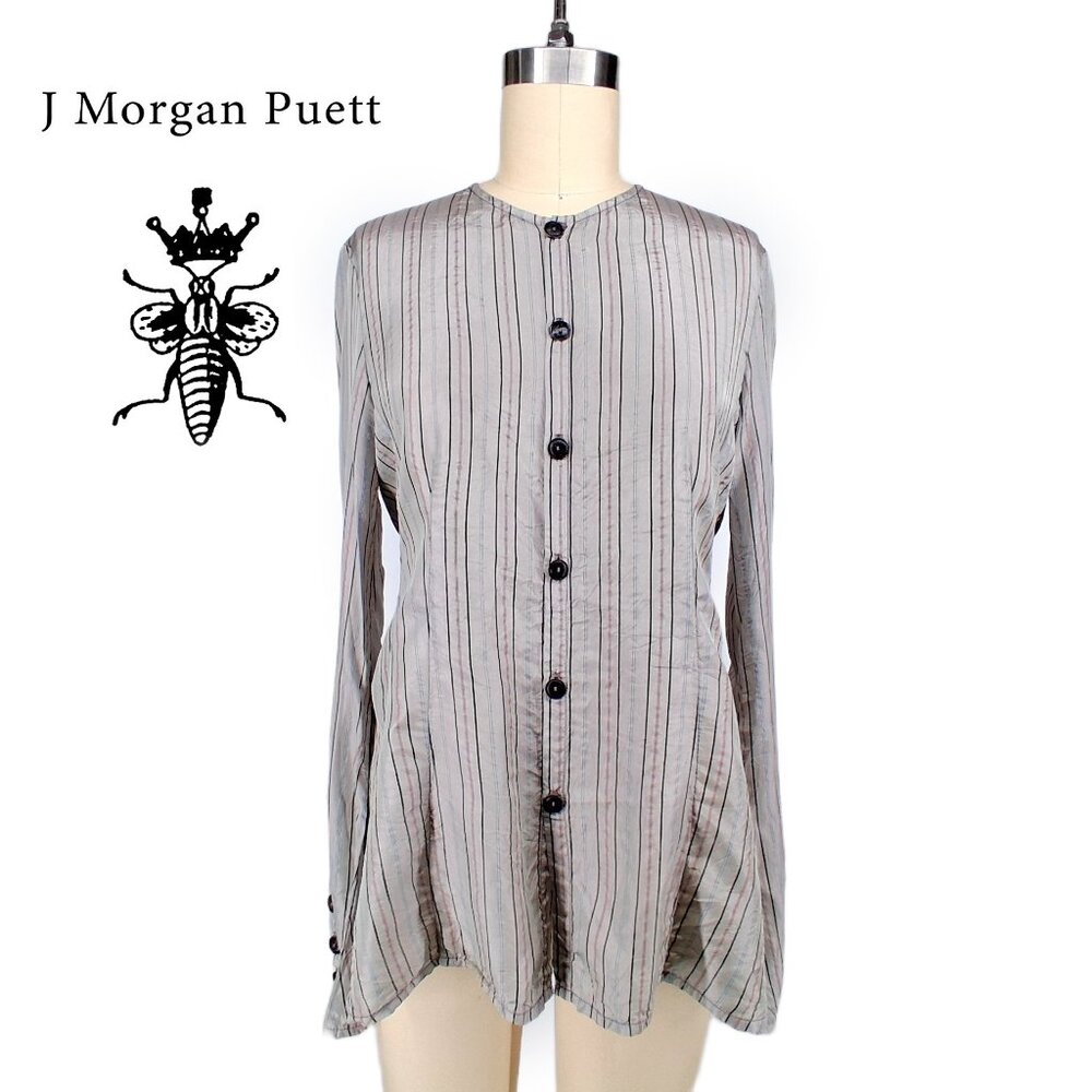 Shack Incorporated J Morgan Puett Taupe Striped Rayon Tunic Top Long Sleeve  S